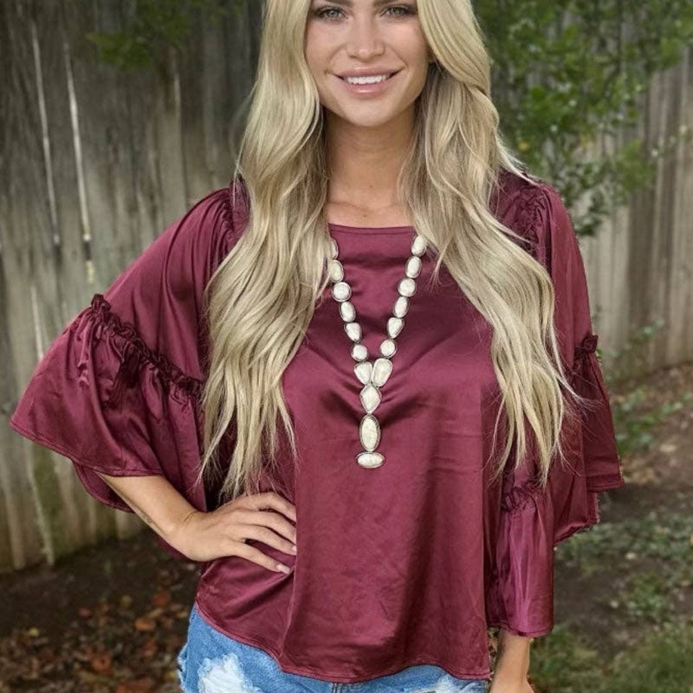NWT Elegant Burgundy Wine Satin Blouse - Picture 3 of 4